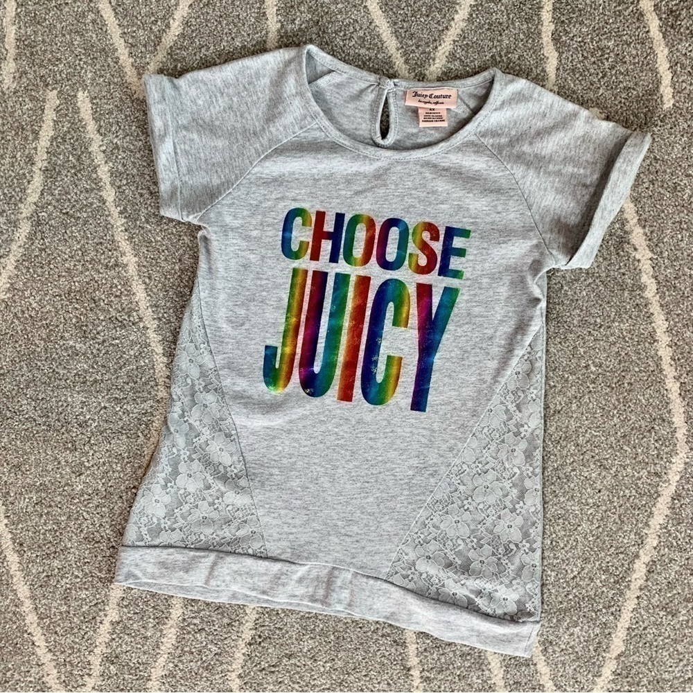 Juicy Couture “Choose Juicy” Gray Tunic Length Graphic Top w/ Lace Size 6X